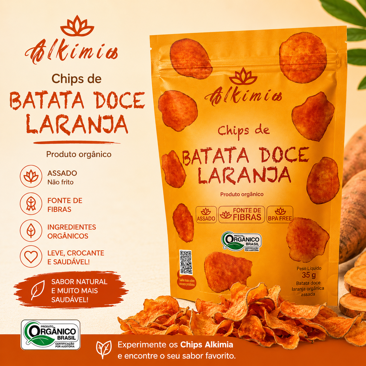 Chips de Batata Doce Laranja - 35g - Orgânico - Assado - Alkimia - 27 calorias - Excelente para Pré e Pós-treino - Imagem 2