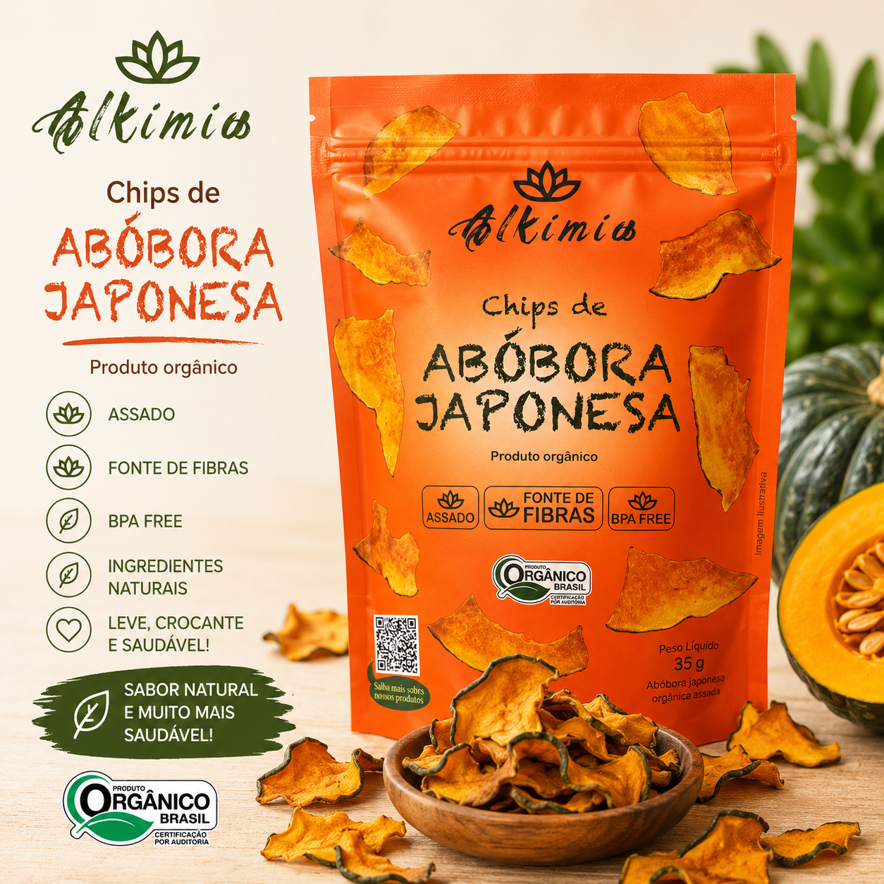 Chips de Abóbora Japonesa - 25g - Orgânico - Assado - Alkimia - 10 calorias - Pré-treino - Imagem 2