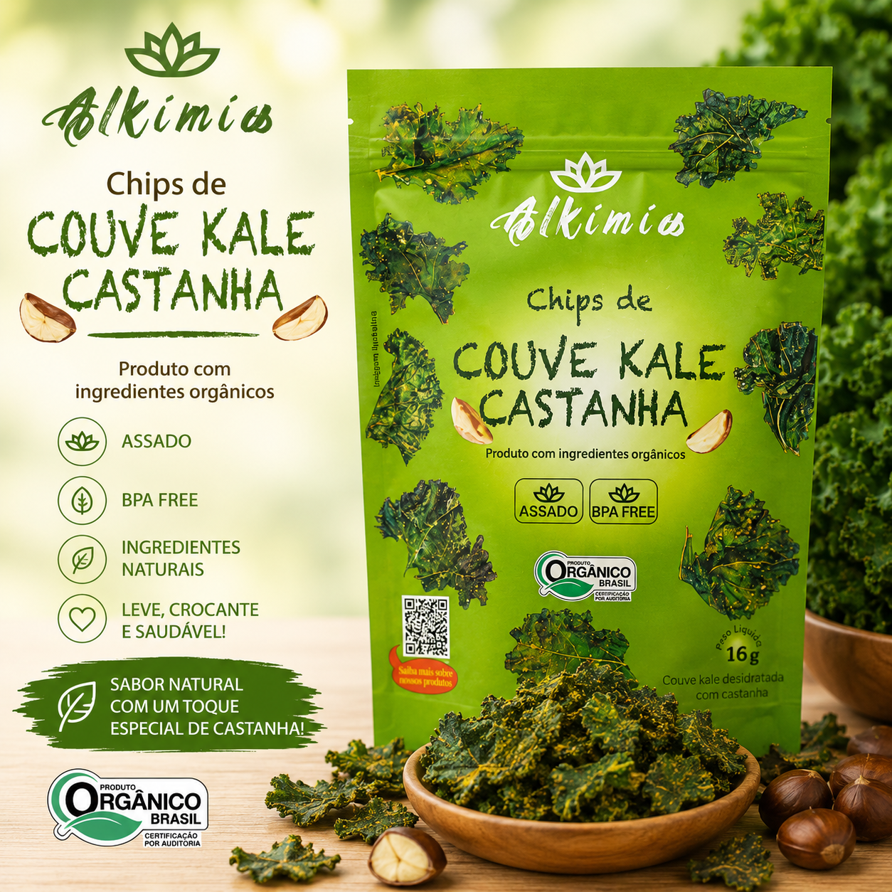 Chips de Couve Kale Com Castanha do Brasil - 15g - Orgânico - Assado - Alkimia - 14 calorias - Pós-treino - Imagem 2