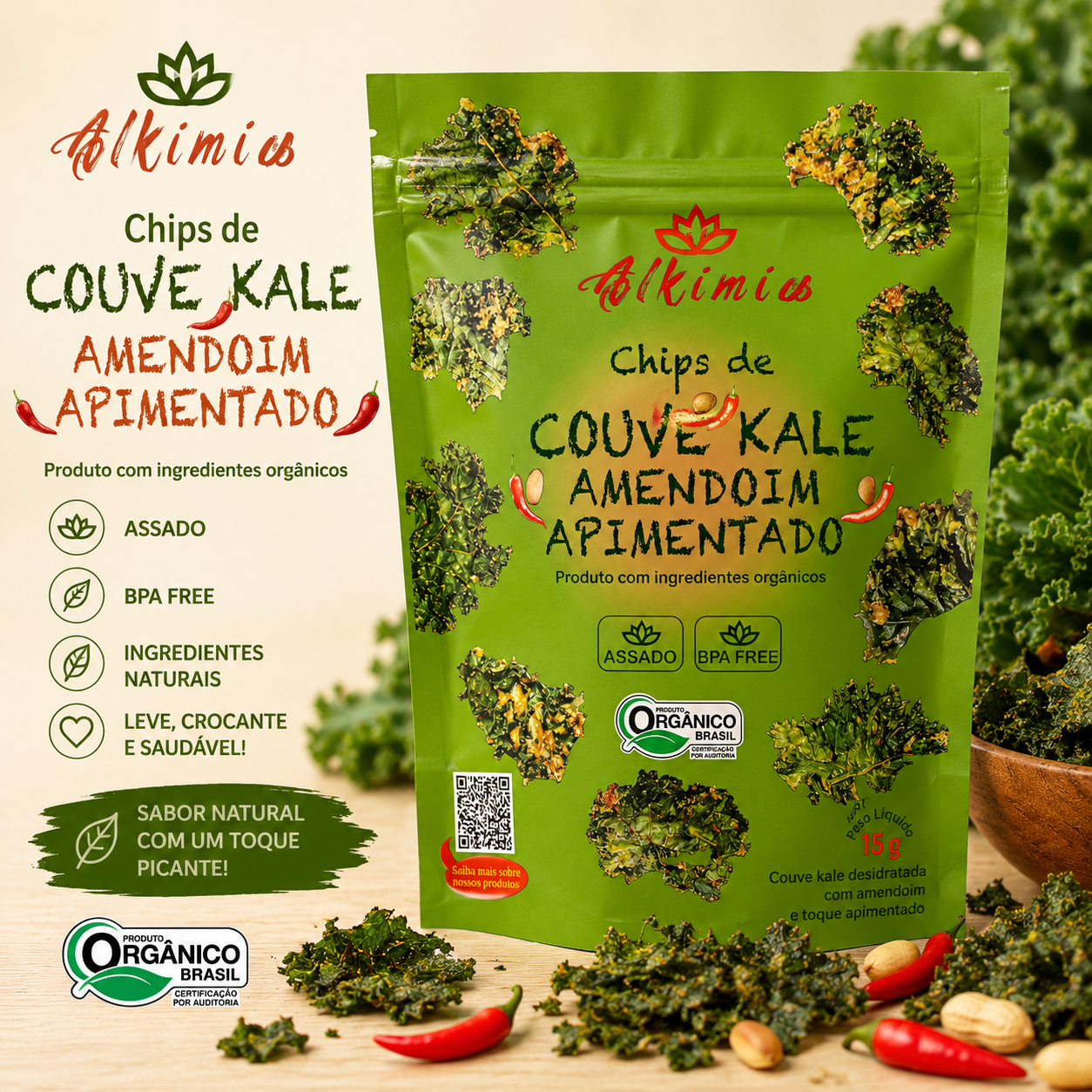 Chips de Couve Kale Com Amendoim e Pimenta Caiena - 15g - Orgânico - Assado - Alkimia - 11 calorias - Pós-treino - Imagem 2