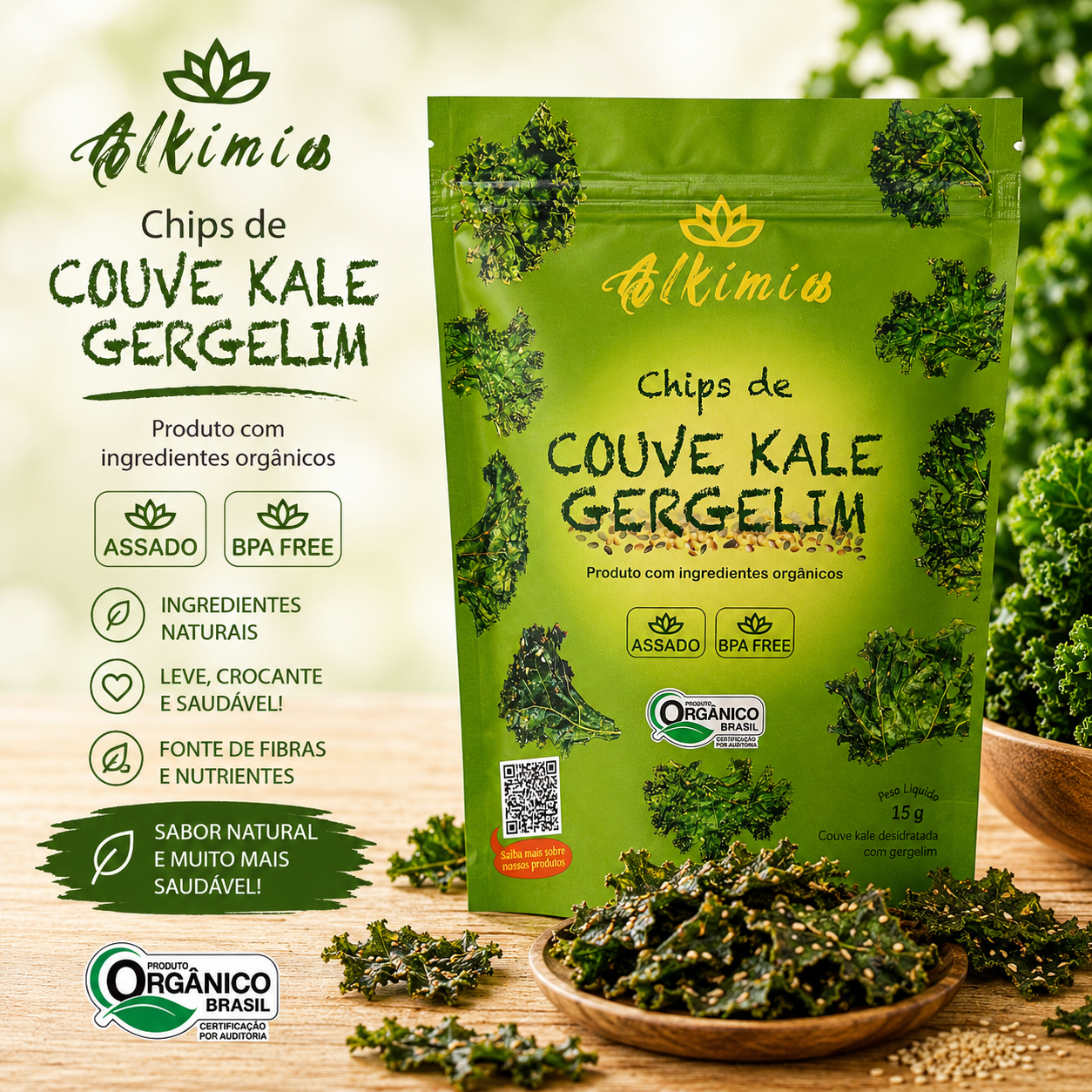 Chips de Couve Kale Com Gergelim - 15g - Orgânico - Assado - Alkimia - 11 calorias - Pós-treino - Imagem 2