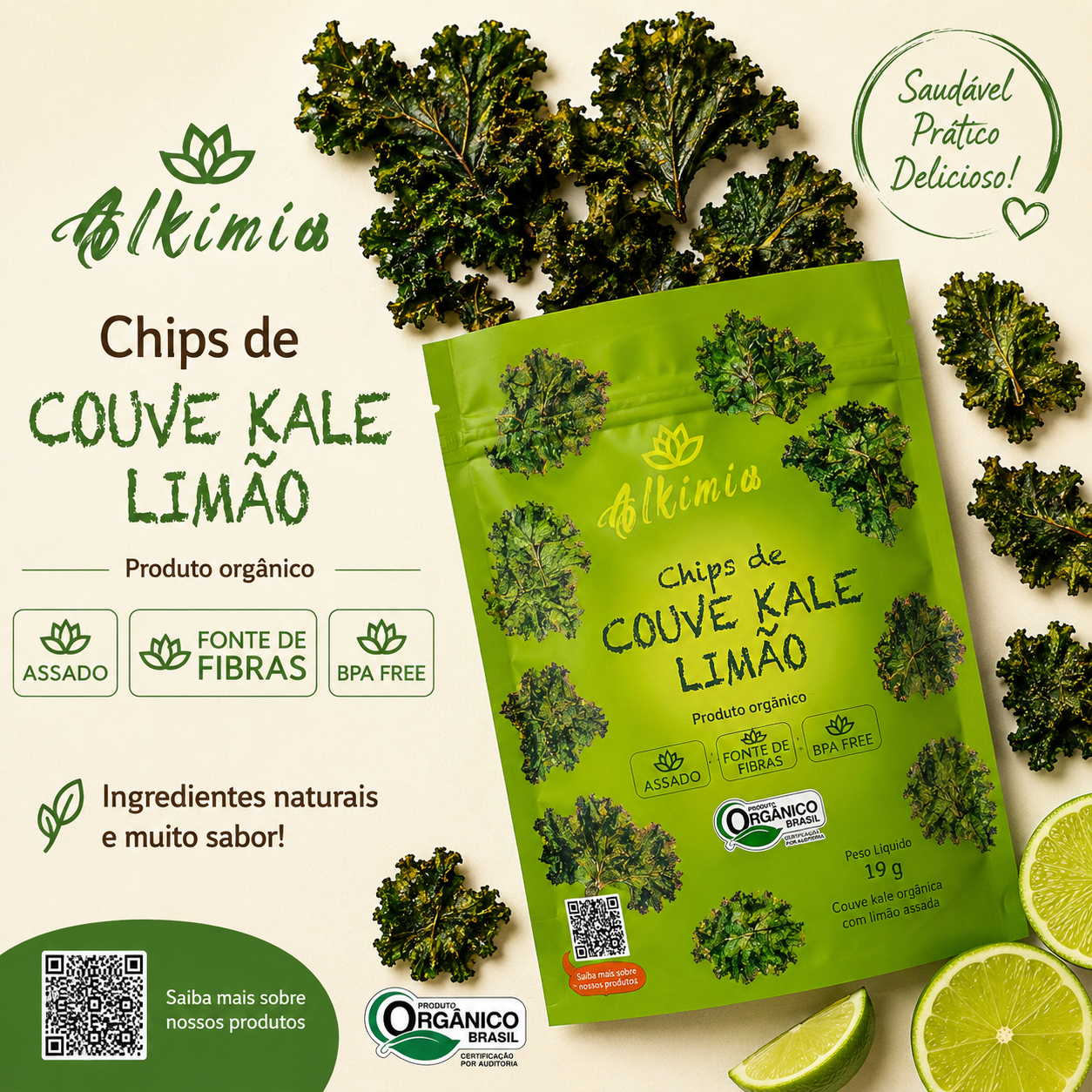 Chips de Couve Kale Com Limão - 10g - Orgânico - Assado - Alkimia - 5 calorias - Pós-treino - Imagem 2