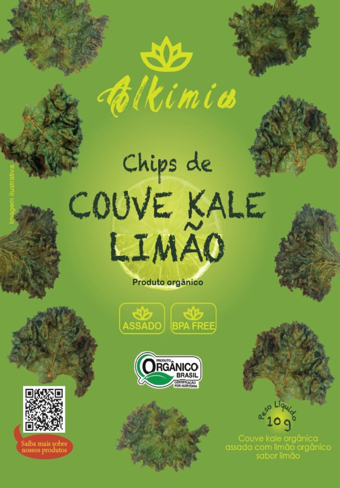 Chips de Couve Kale Com Limão - 10g - Orgânico - Assado - Alkimia - 5 calorias - Pós-treino