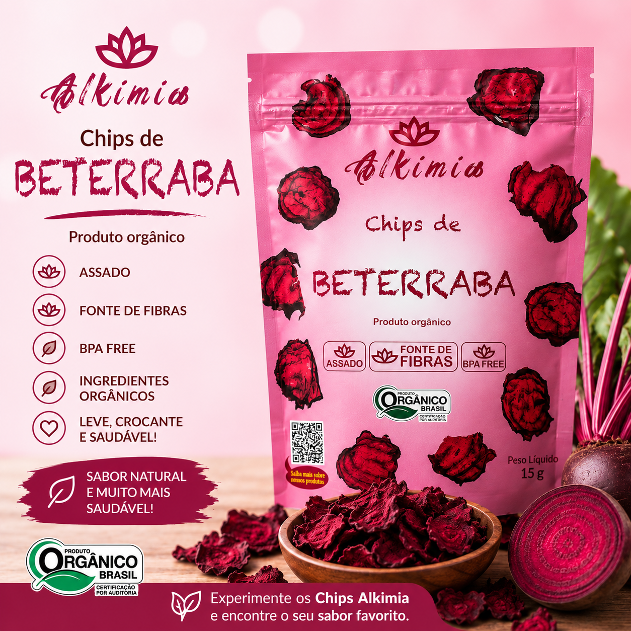 Chips de Beterraba - 25g - Orgânico - Assado - Alkimia - 8 calorias - Pré-treino - Imagem 3